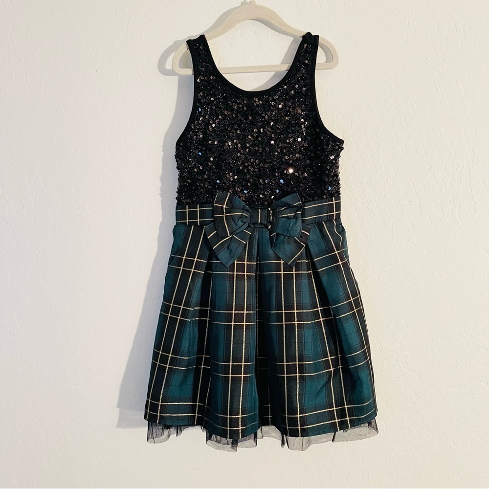 Children Place Black Sequin and Green Plaid Dress